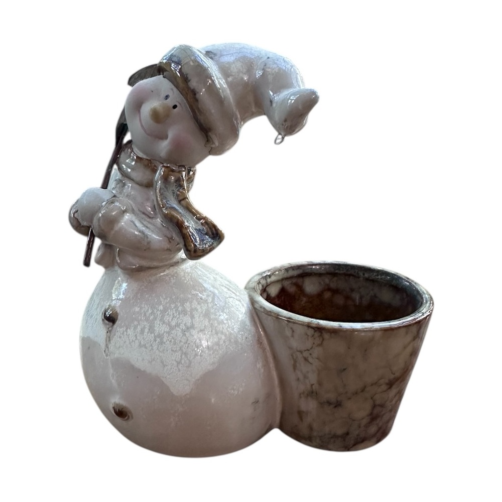 Woodland Collection Snowman Candleholder Ceramic Rustic 1980s